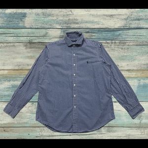 MENS LARGE Polo Ralph Lauren White Blue Plaid Dress Shirt Green Pony Logo